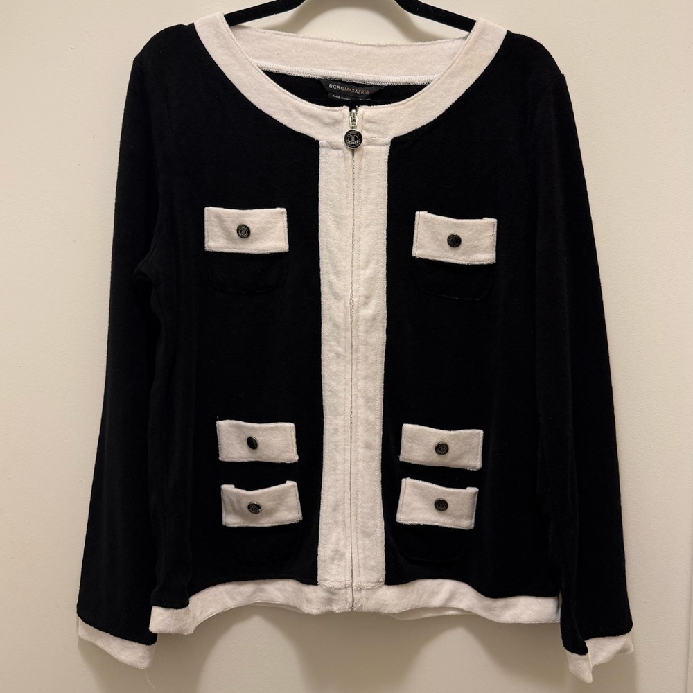 BCBG Black Terry Suit Jacket. Beautiful. Comfy Rhinestone Details. Women Size:XL